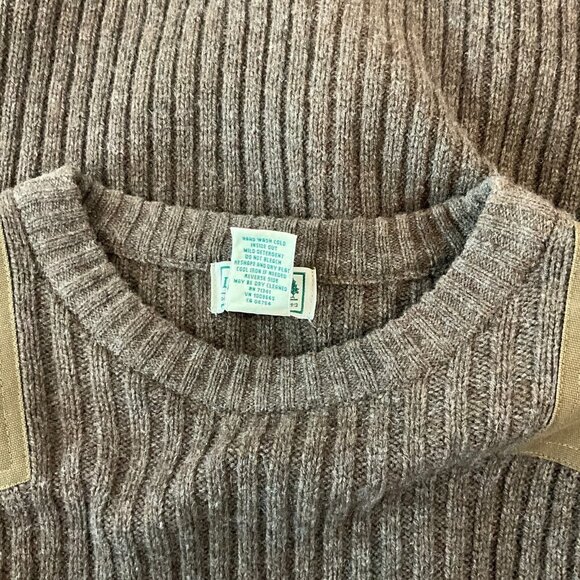 L.L.Bean Commando Sweater Mens Large Brown Wool Merino Rib Shoulder Elbow Patch - Picture 8 of 13
